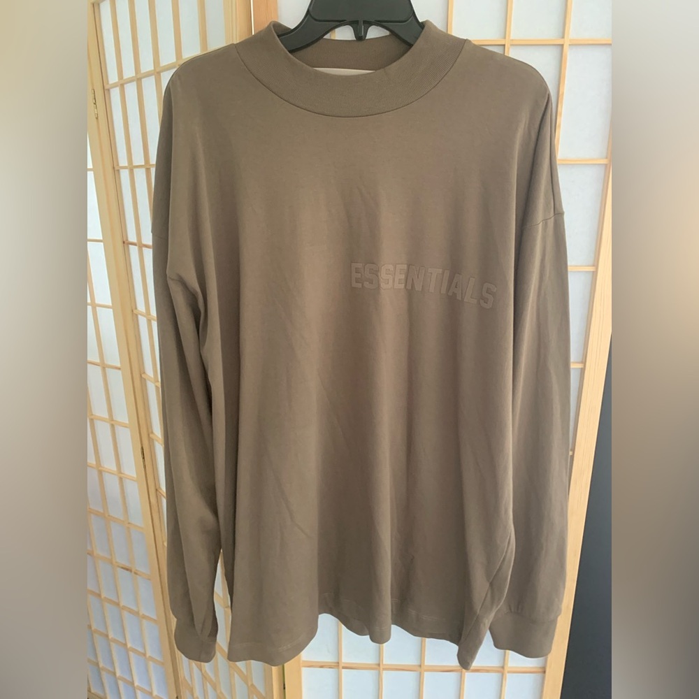 Essentials Long Sleeve Logo Tee in Taupe Brown Large